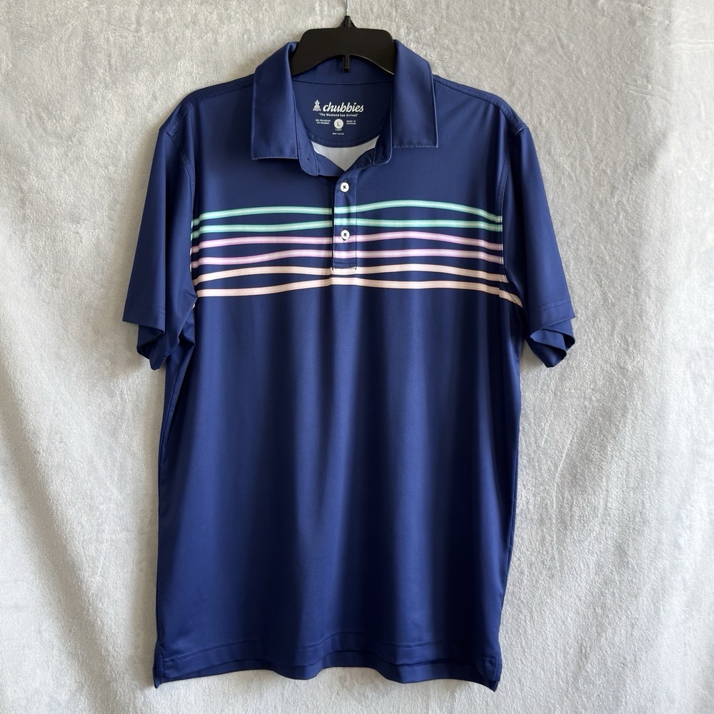 Chubbies Polo Shirt Mens Large Blue Wave Stripe Performance Golf Stretch